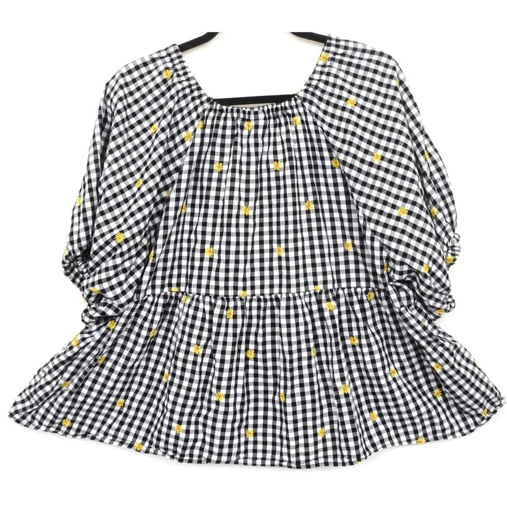 Old Navy PLUS XXL Gingham Floral Daisy Embroidered Puff Sleeve Babydoll Top